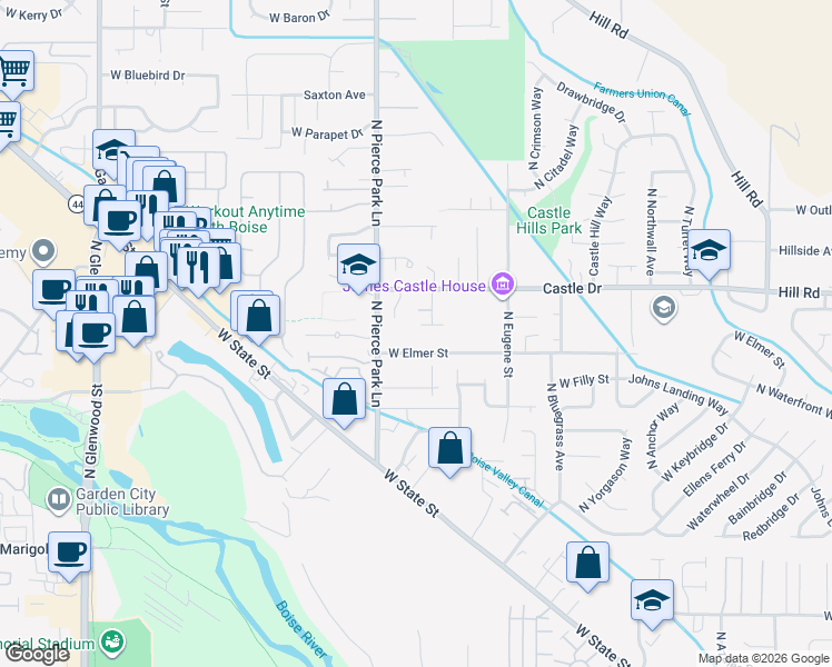 map of restaurants, bars, coffee shops, grocery stores, and more near 6222 West Elmer Street in Boise