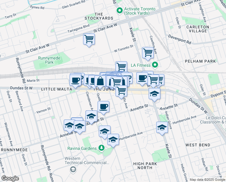 map of restaurants, bars, coffee shops, grocery stores, and more near 3021 Dundas Street West in Toronto