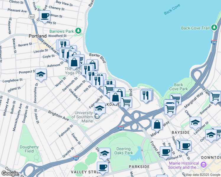 map of restaurants, bars, coffee shops, grocery stores, and more near 6 Grasmere Road in Portland