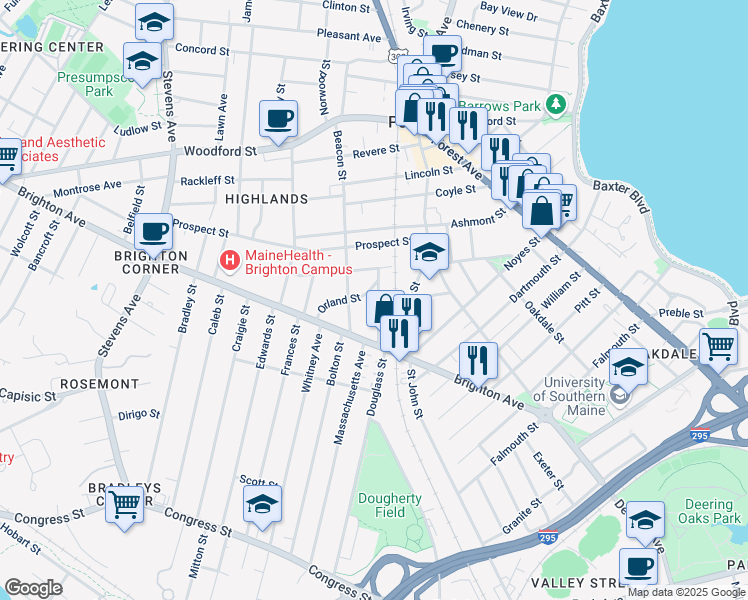 map of restaurants, bars, coffee shops, grocery stores, and more near 21 Beacon Street in Portland