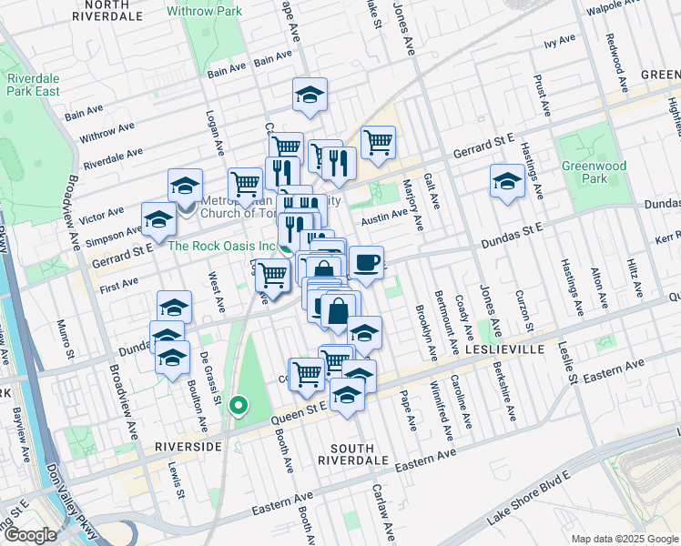 map of restaurants, bars, coffee shops, grocery stores, and more near in Toronto