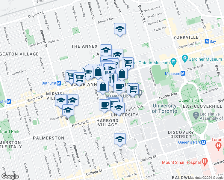 map of restaurants, bars, coffee shops, grocery stores, and more near in Toronto