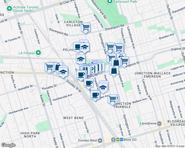 map of restaurants, bars, coffee shops, grocery stores, and more near in Toronto