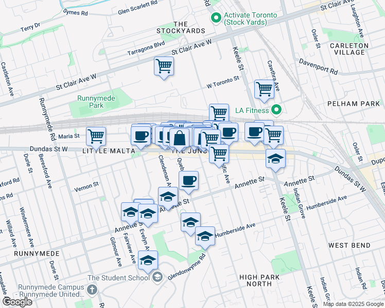 map of restaurants, bars, coffee shops, grocery stores, and more near in Toronto