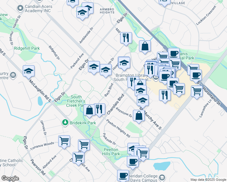 map of restaurants, bars, coffee shops, grocery stores, and more near 25 Schubert Crescent in Brampton