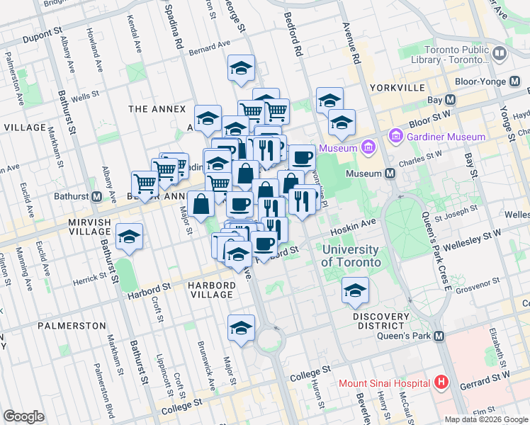 map of restaurants, bars, coffee shops, grocery stores, and more near 390 Huron Street in Toronto
