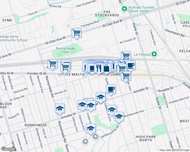 map of restaurants, bars, coffee shops, grocery stores, and more near in Toronto
