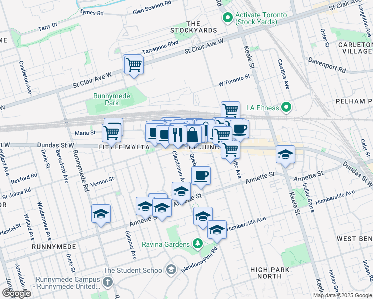 map of restaurants, bars, coffee shops, grocery stores, and more near 3081 Dundas Street West in Toronto