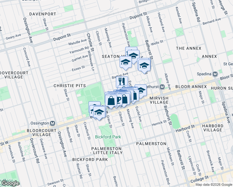 map of restaurants, bars, coffee shops, grocery stores, and more near 409 Clinton Street in Toronto