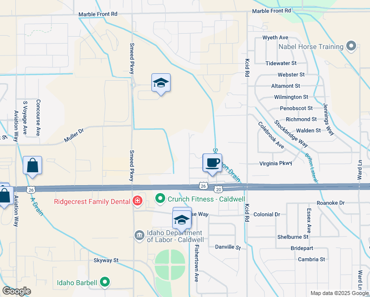 map of restaurants, bars, coffee shops, grocery stores, and more near 614 Borchers Lane in Caldwell