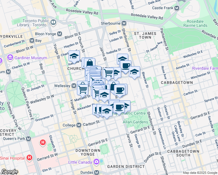 map of restaurants, bars, coffee shops, grocery stores, and more near 120 Maitland Street in Toronto