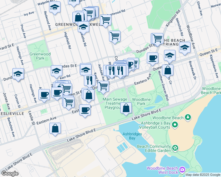 map of restaurants, bars, coffee shops, grocery stores, and more near in Toronto