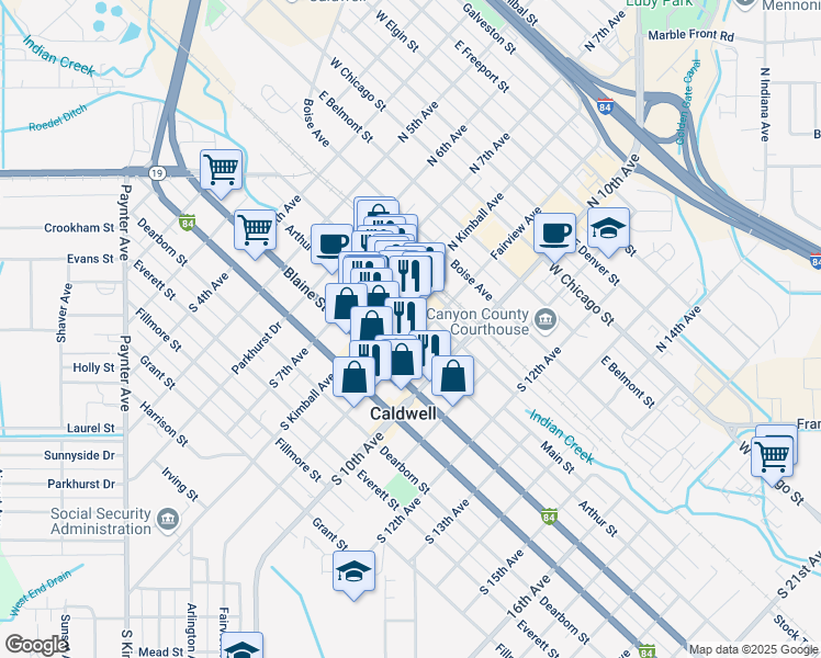 map of restaurants, bars, coffee shops, grocery stores, and more near 823 Arthur Street in Caldwell