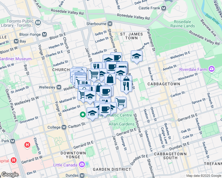 map of restaurants, bars, coffee shops, grocery stores, and more near 15 Maitland Place in Toronto