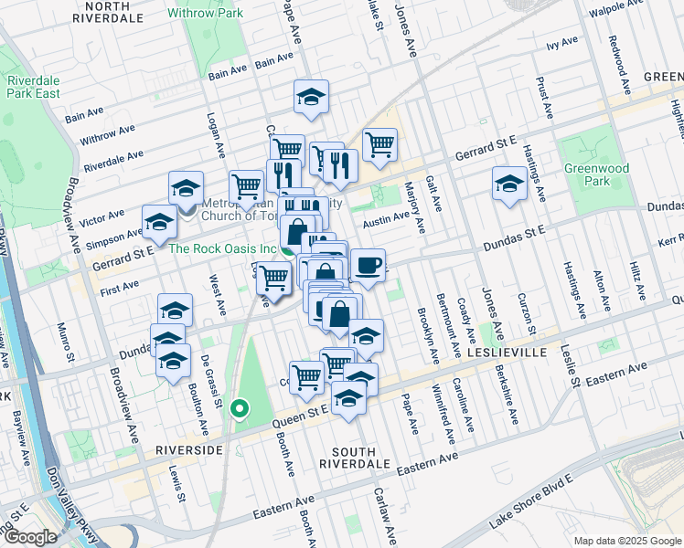 map of restaurants, bars, coffee shops, grocery stores, and more near 332 Carlaw Avenue in Toronto