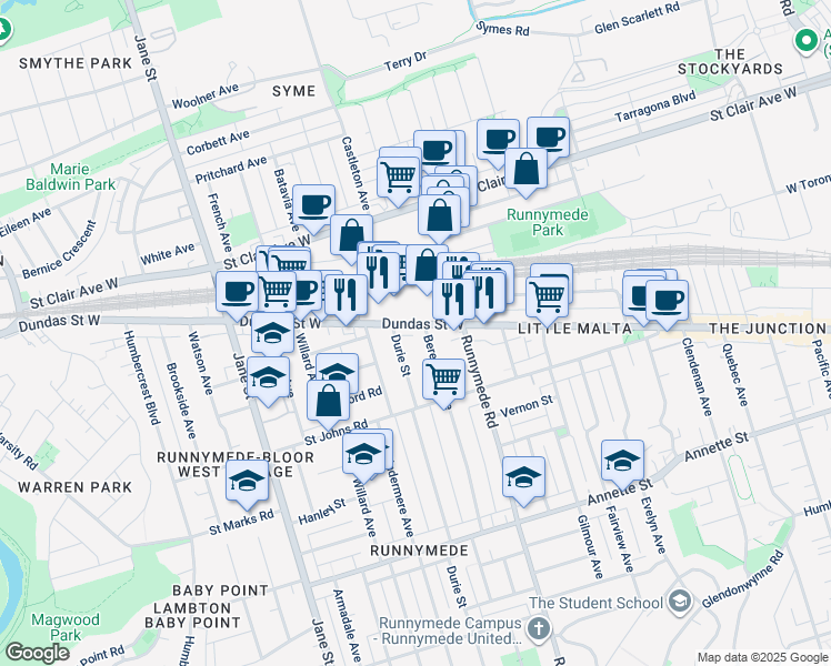 map of restaurants, bars, coffee shops, grocery stores, and more near 3385 Dundas Street West in Toronto