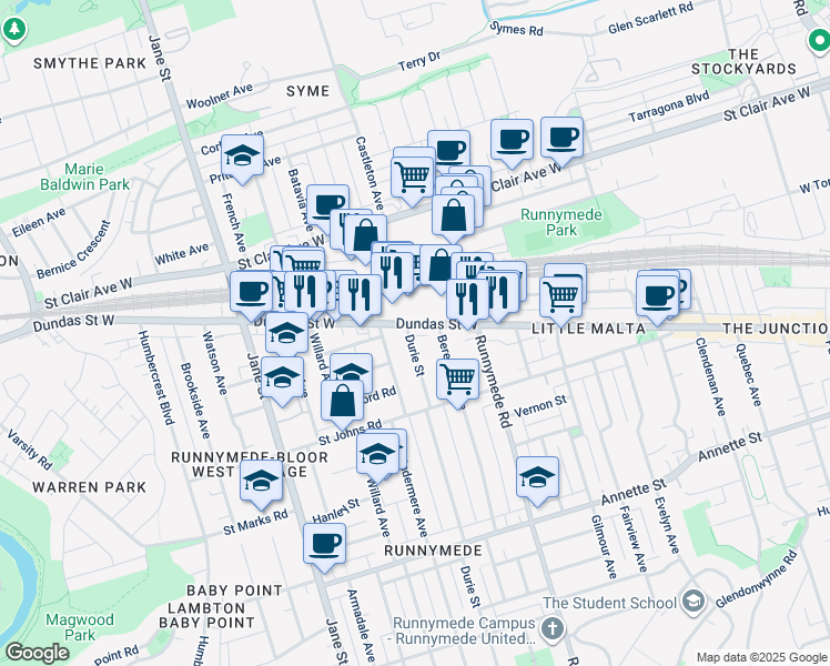 map of restaurants, bars, coffee shops, grocery stores, and more near 3385 Dundas Street West in Toronto