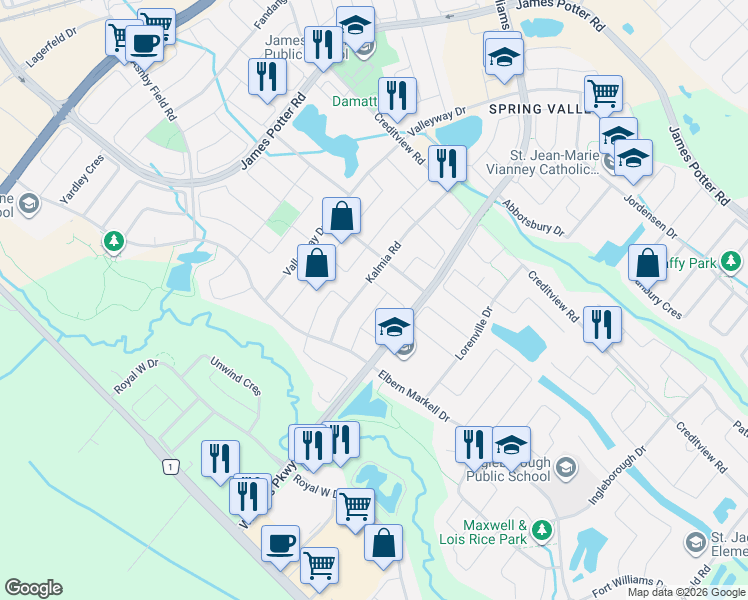 map of restaurants, bars, coffee shops, grocery stores, and more near 32 Wasaga Road in Brampton