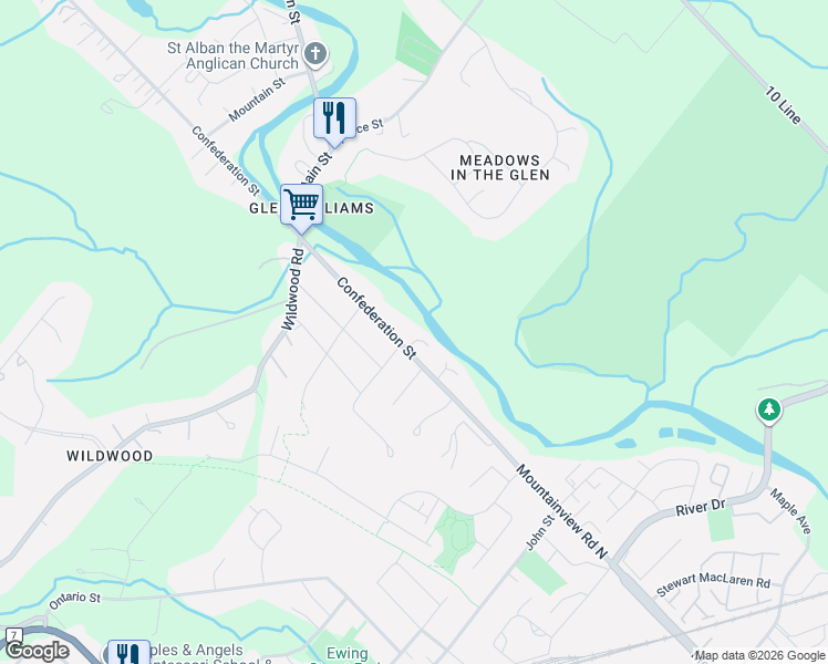 map of restaurants, bars, coffee shops, grocery stores, and more near 19 Confederation Street in Halton Hills