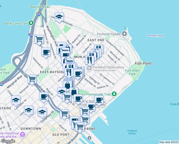 map of restaurants, bars, coffee shops, grocery stores, and more near 138 Congress Street in Portland