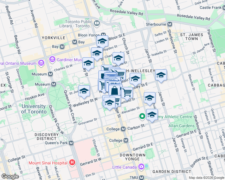 map of restaurants, bars, coffee shops, grocery stores, and more near 565 Yonge Street in Toronto