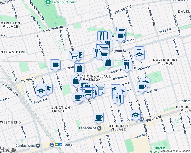 map of restaurants, bars, coffee shops, grocery stores, and more near Lappin Avenue in Toronto