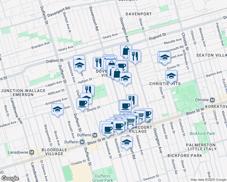 map of restaurants, bars, coffee shops, grocery stores, and more near in Toronto