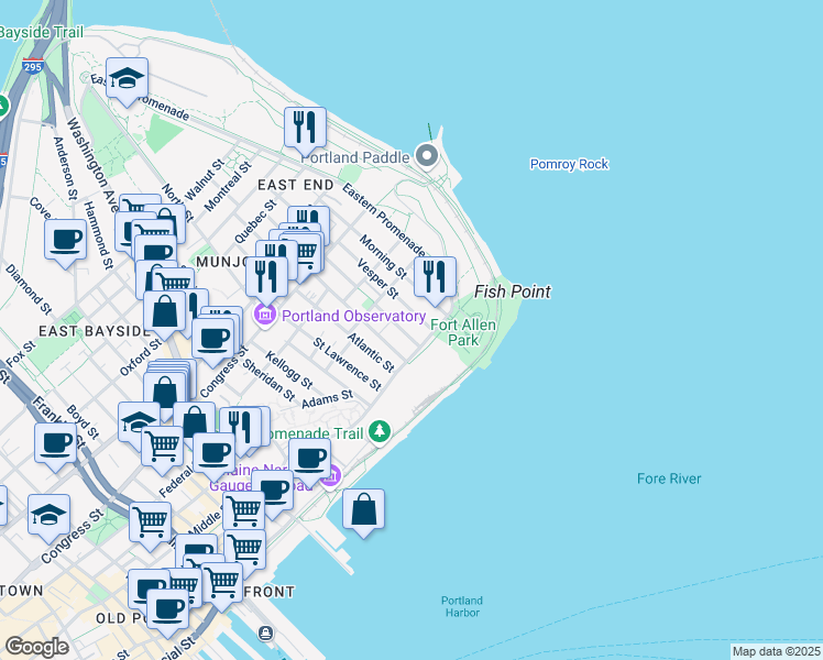 map of restaurants, bars, coffee shops, grocery stores, and more near 38 Eastern Promenade in Portland