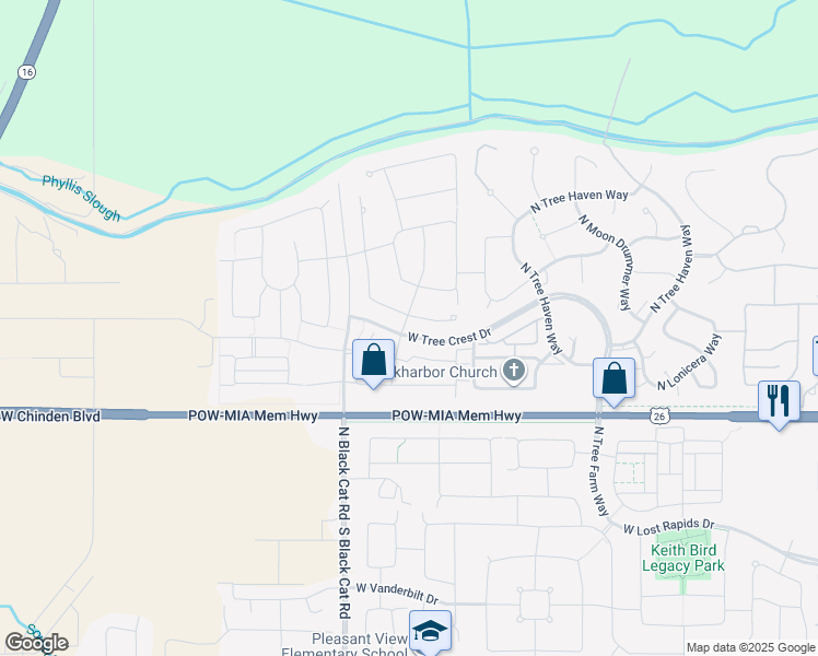 map of restaurants, bars, coffee shops, grocery stores, and more near 6670 North Spurwing Park Way in Meridian