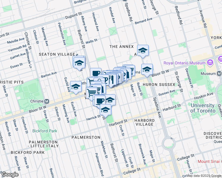 map of restaurants, bars, coffee shops, grocery stores, and more near 523 Bloor Street West in Toronto