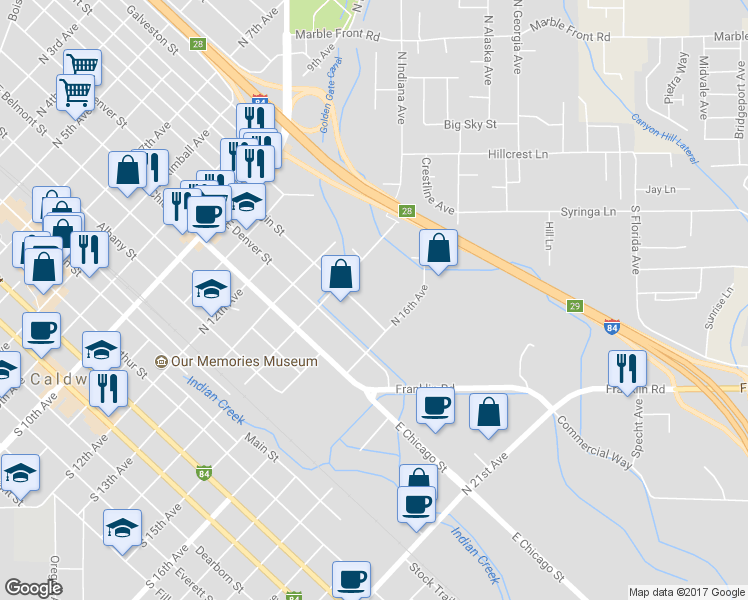 map of restaurants, bars, coffee shops, grocery stores, and more near 1505 East Elgin Street in Caldwell