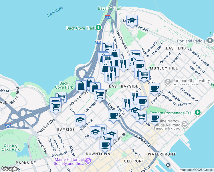 map of restaurants, bars, coffee shops, grocery stores, and more near 105 Fox Street in Portland