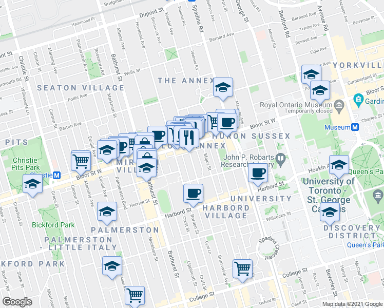 map of restaurants, bars, coffee shops, grocery stores, and more near 285 Brunswick Avenue in Toronto