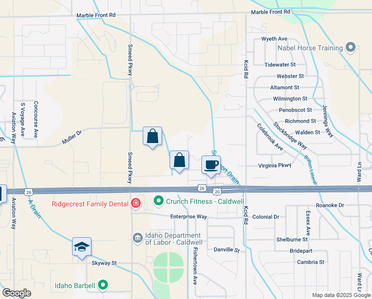 map of restaurants, bars, coffee shops, grocery stores, and more near 614 Borchers Lane in Caldwell