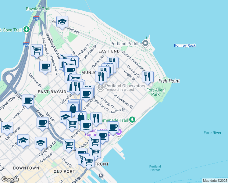 map of restaurants, bars, coffee shops, grocery stores, and more near 5 Sherbrooke Street in Portland