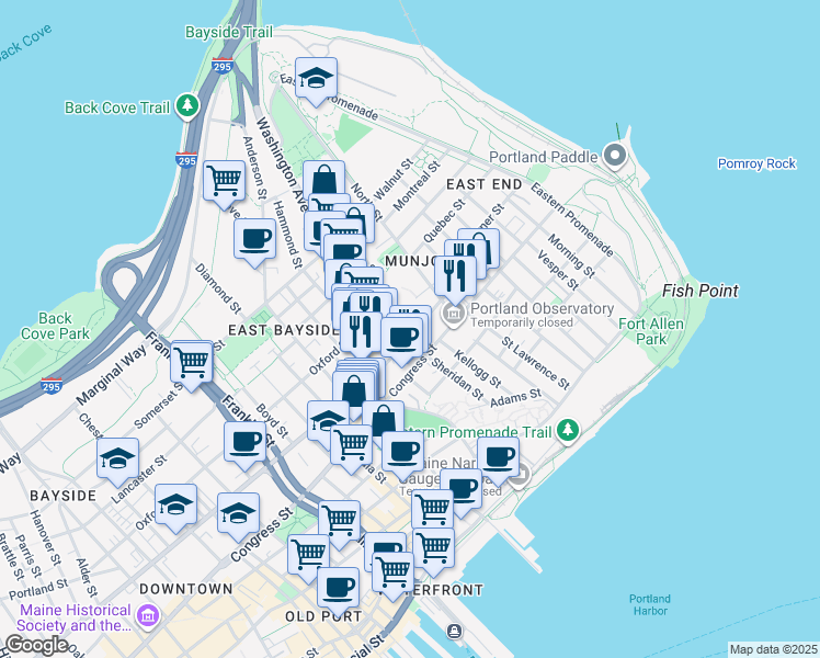 map of restaurants, bars, coffee shops, grocery stores, and more near in Portland