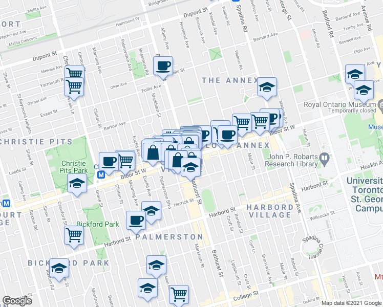 map of restaurants, bars, coffee shops, grocery stores, and more near in Toronto