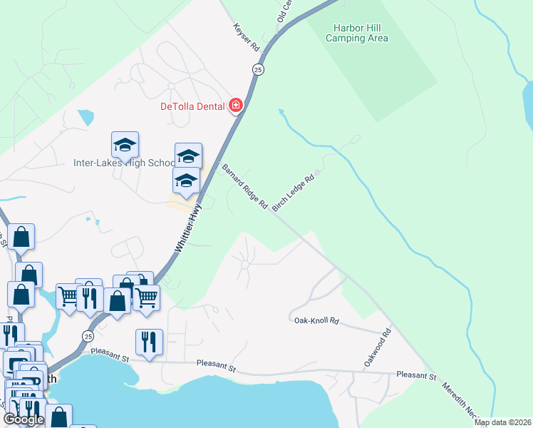 map of restaurants, bars, coffee shops, grocery stores, and more near 25 Barnard Ridge Road in Meredith