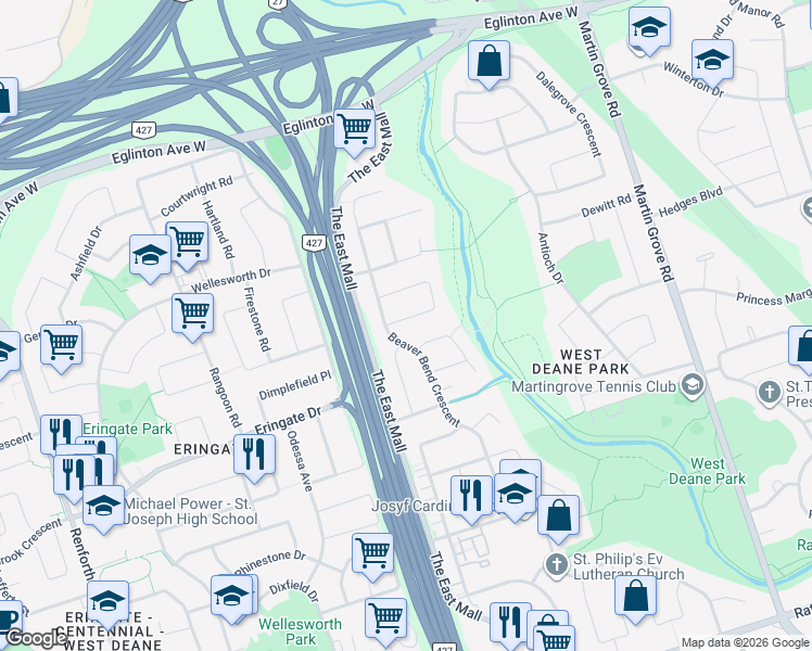 map of restaurants, bars, coffee shops, grocery stores, and more near in Toronto