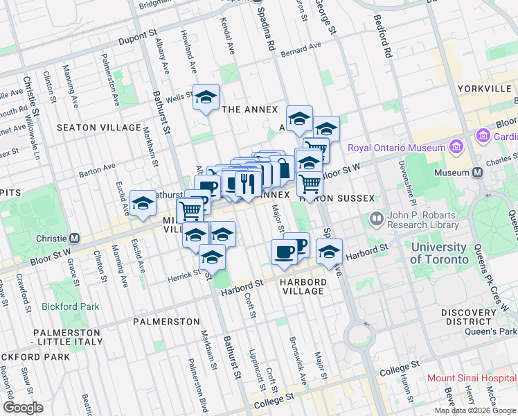 map of restaurants, bars, coffee shops, grocery stores, and more near 285 Brunswick Avenue in Toronto