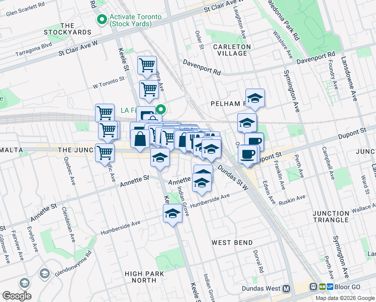 map of restaurants, bars, coffee shops, grocery stores, and more near 2772 Dundas Street West in Toronto