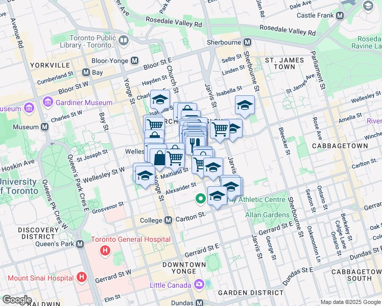 map of restaurants, bars, coffee shops, grocery stores, and more near 530 Church Street in Toronto