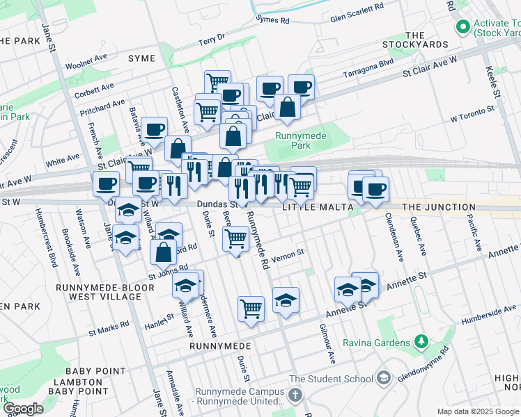 map of restaurants, bars, coffee shops, grocery stores, and more near in Toronto