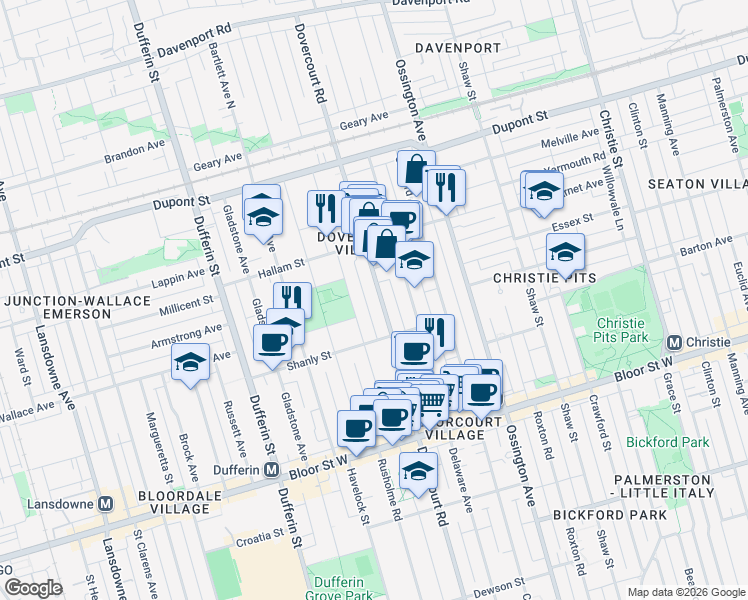 map of restaurants, bars, coffee shops, grocery stores, and more near 916 Dovercourt Road in Toronto