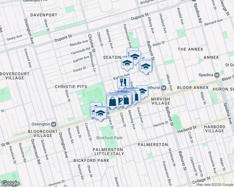 map of restaurants, bars, coffee shops, grocery stores, and more near 415 Clinton Street in Toronto