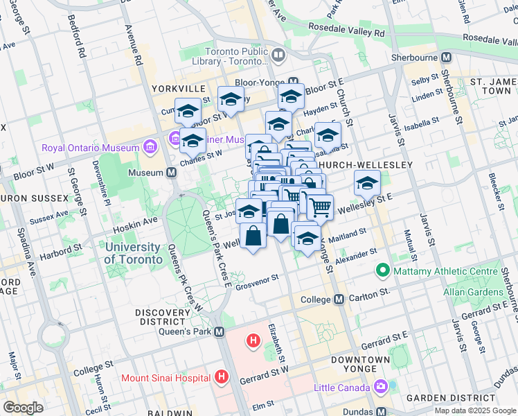 map of restaurants, bars, coffee shops, grocery stores, and more near 57 Saint Joseph Street in Toronto