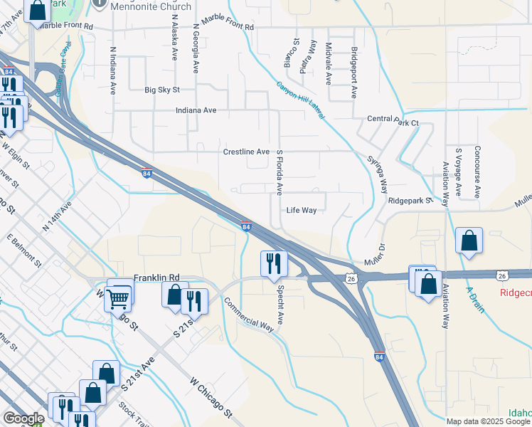 map of restaurants, bars, coffee shops, grocery stores, and more near 608 Rooster Lane in Caldwell