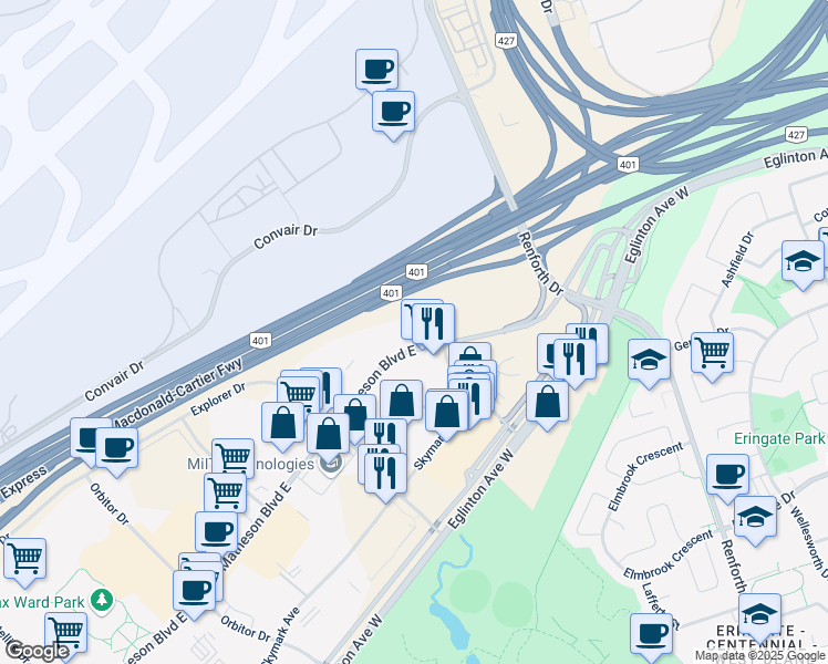 map of restaurants, bars, coffee shops, grocery stores, and more near 2810 Matheson Boulevard East in Mississauga
