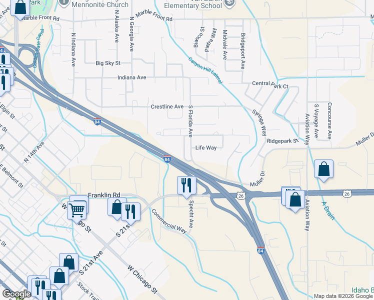 map of restaurants, bars, coffee shops, grocery stores, and more near 608 Rooster Lane in Caldwell