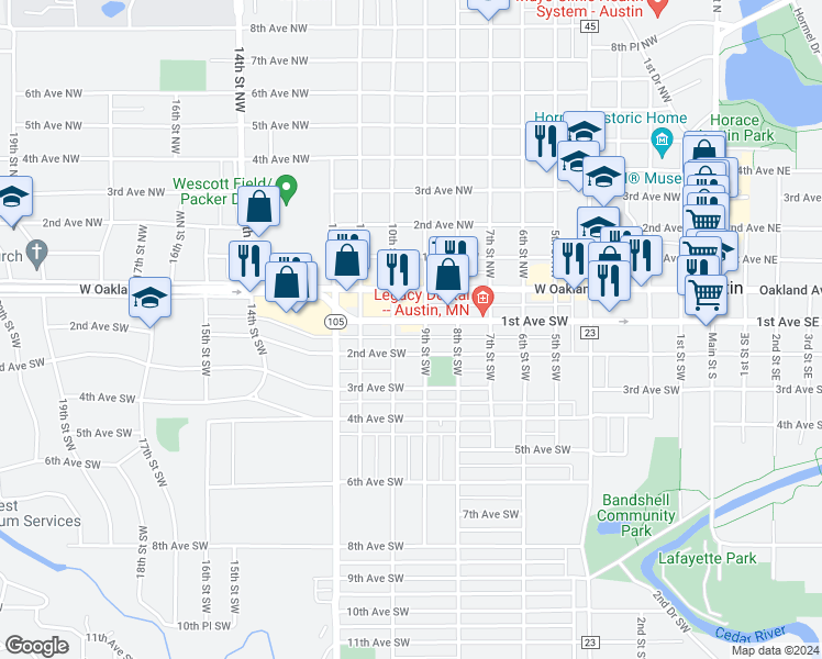 map of restaurants, bars, coffee shops, grocery stores, and more near 1005 1st Avenue Southwest in Austin